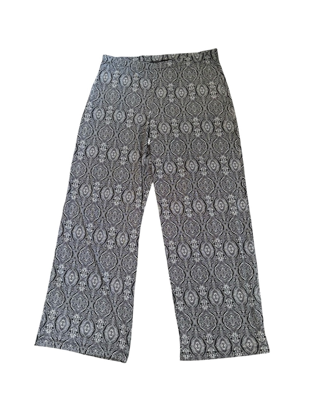 AB Studio Pull On Palazzo Wide Knit Pant XL Black White Paisley Stretch Casual